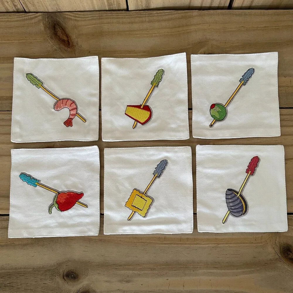 6 Crate & Barrel Embroidered Cloth Appetizer Coasters Set